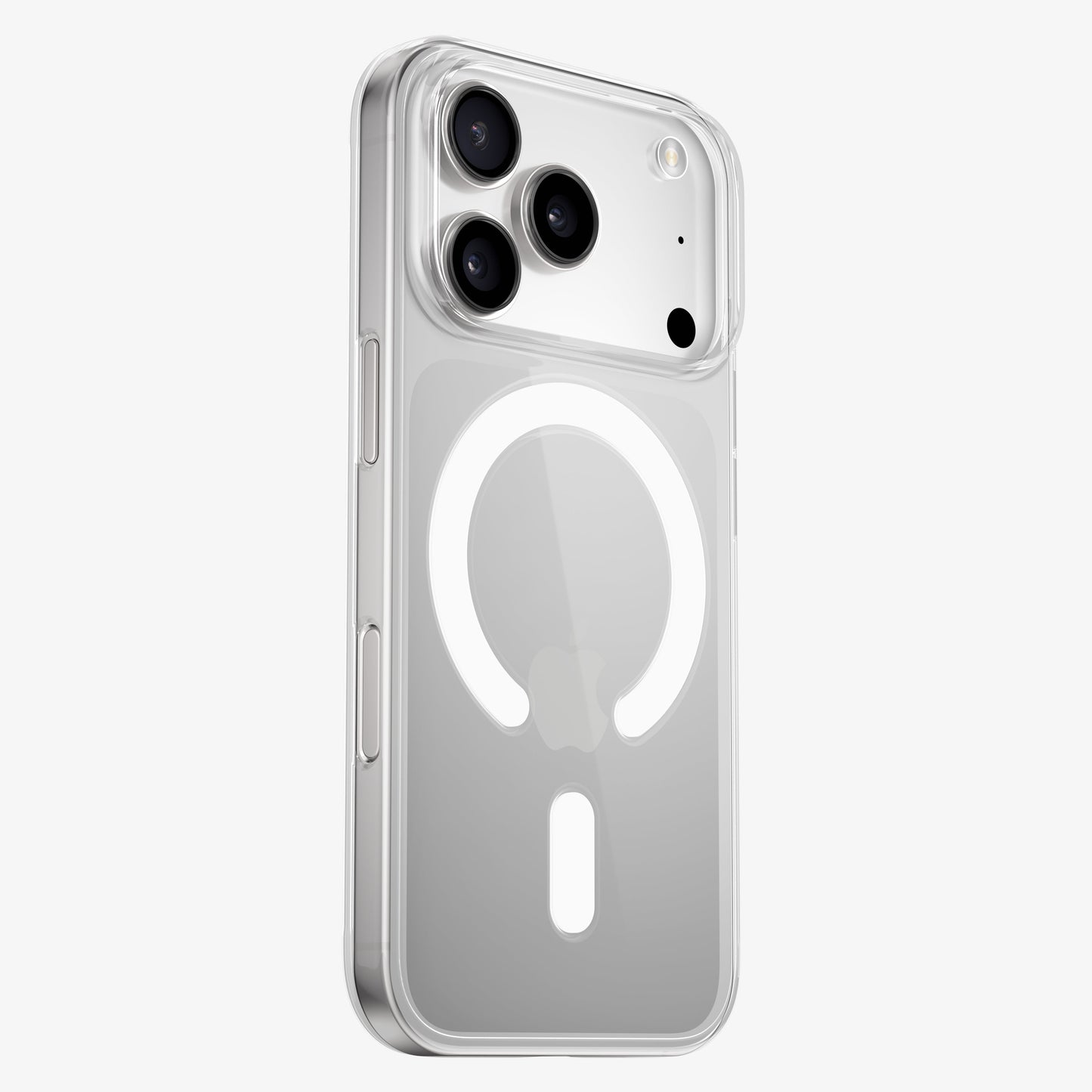 Coque PHANTOM S transparente avec anneau MagSafe sur iPhone 18 Pro argent, vue trois quarts arrière
