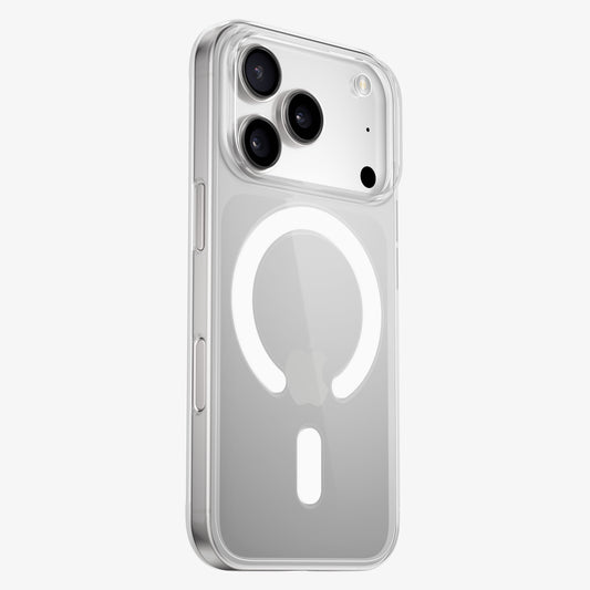 Coque PHANTOM S transparente avec anneau MagSafe sur iPhone 18 Pro argent, vue trois quarts arrière