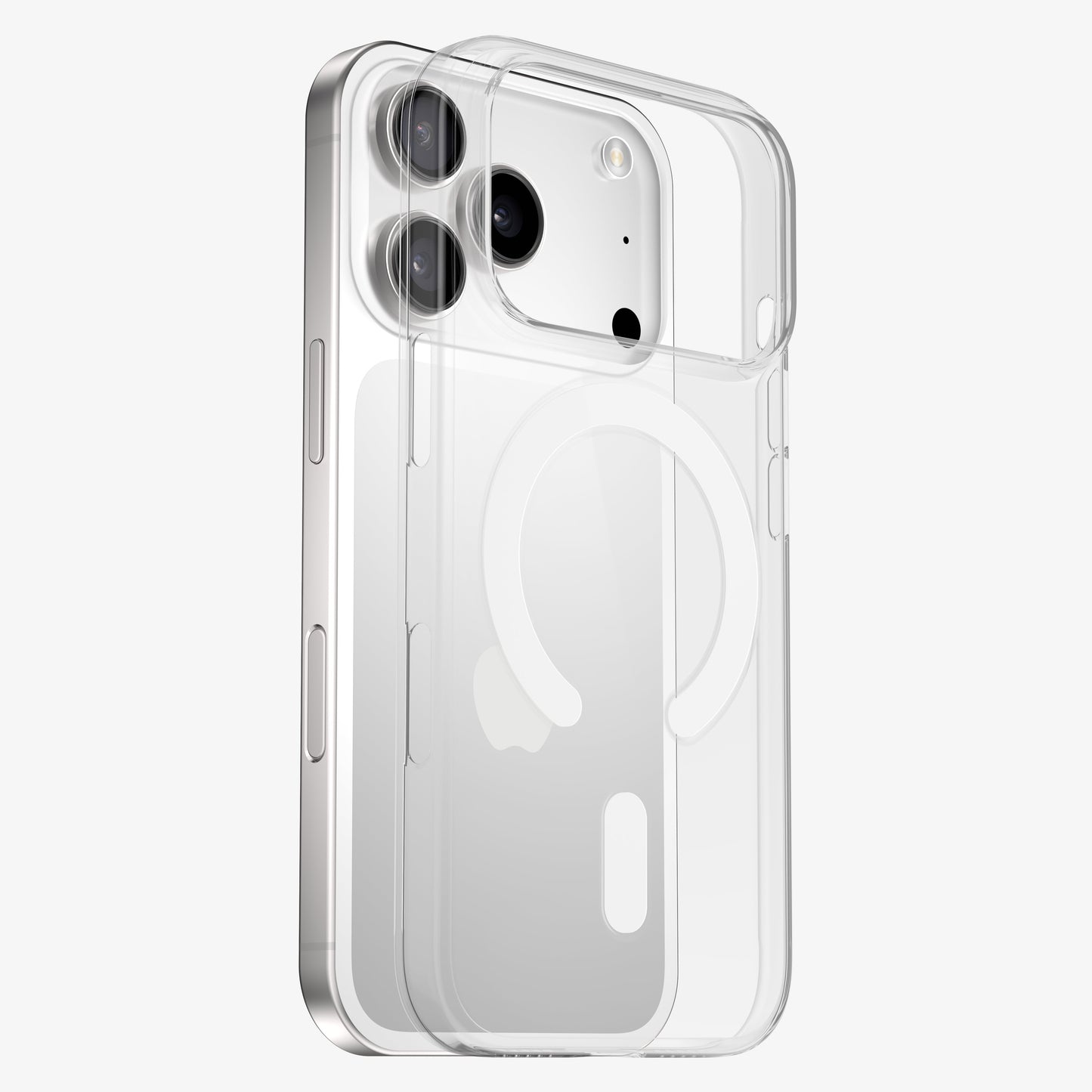 Coque PHANTOM S MagSafe rigide et transparente, vue éclatée montrant l'ajustement sur l'iPhone 18 Pro