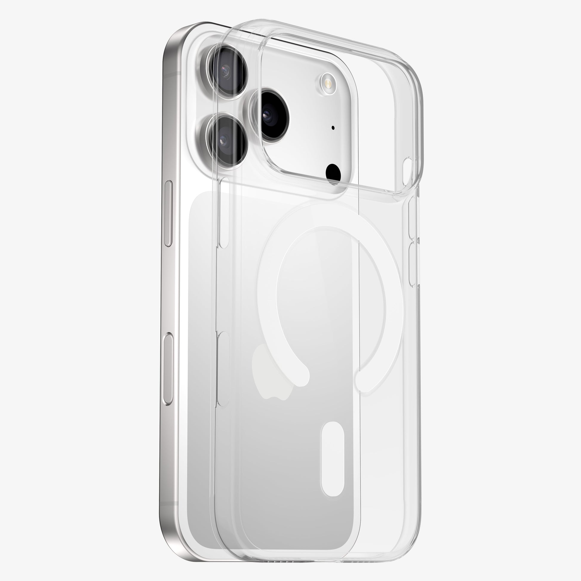 Coque PHANTOM S MagSafe rigide et transparente, vue éclatée montrant l'ajustement sur l'iPhone 18 Pro