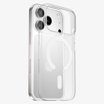Coque PHANTOM S MagSafe rigide et transparente, vue éclatée montrant l'ajustement sur l'iPhone 18 Pro