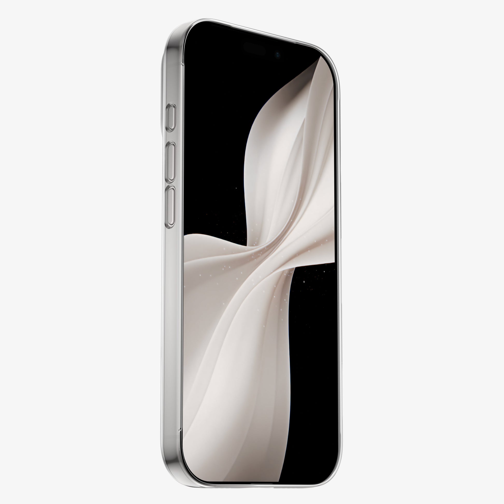 iPhone 18 Pro protégé par la coque PHANTOM S, vue de face : écran et boutons entièrement dégagés