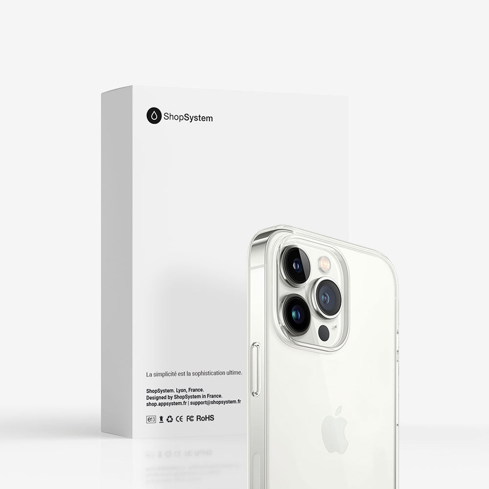 Emballage marque ShopSystem coque silicone souple INVISIBLE pour iPhone 13, 13 Pro, 13 Pro Max et 13 mini