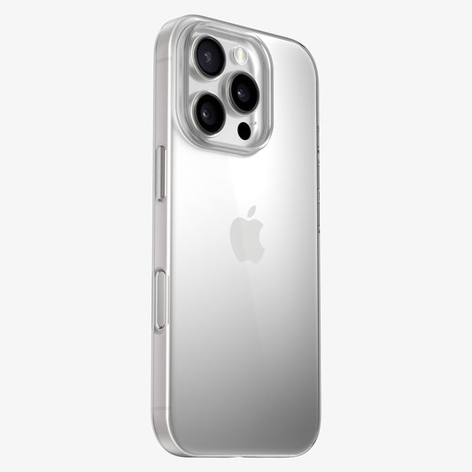 Clear case on a silver smartphone with three camera lenses.