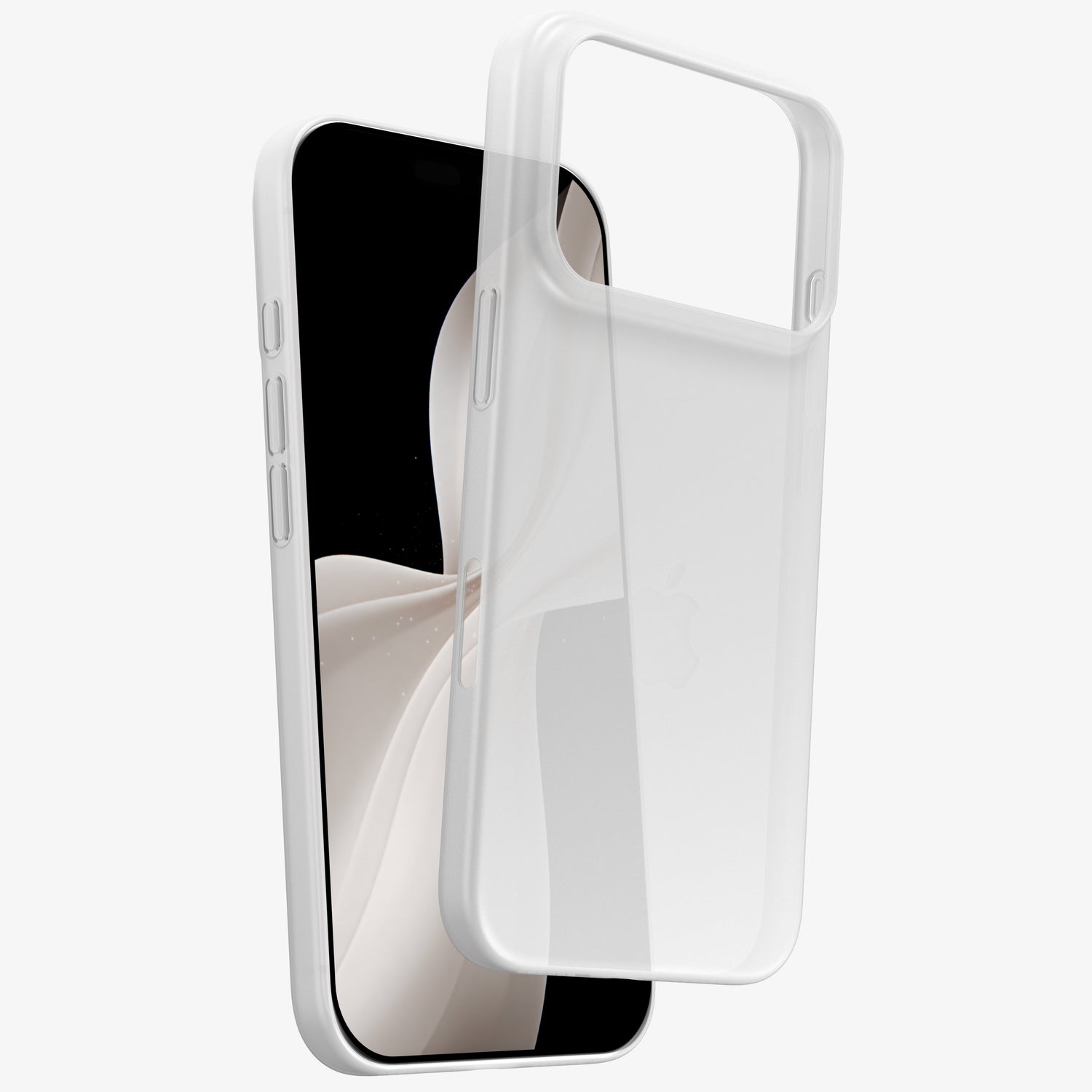 Coque ORIGINAL translucide givrée soulevée devant un téléphone blanc, écran allumé