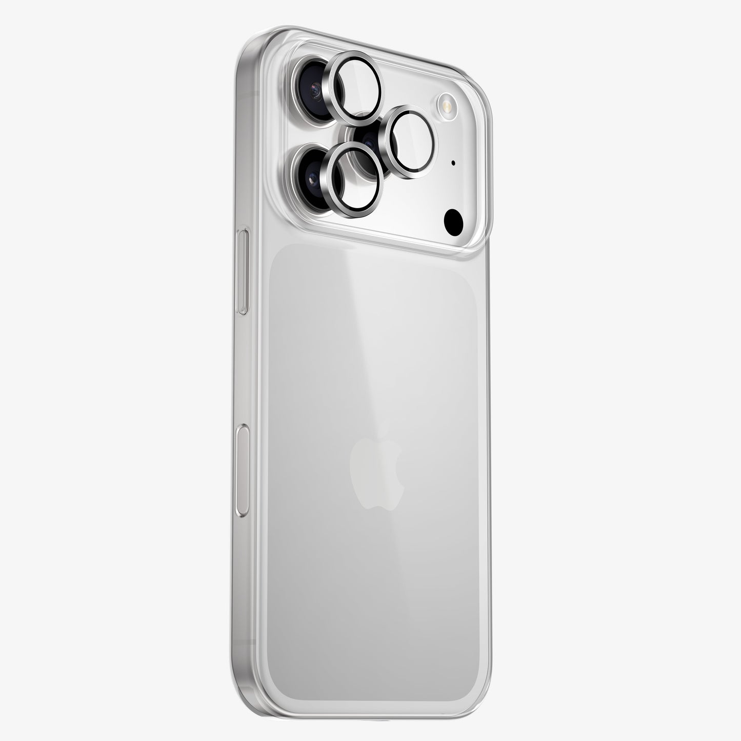 Protection caméra argent posée sur un iPhone argent, contour en aluminium anodisé autour de chaque objectif