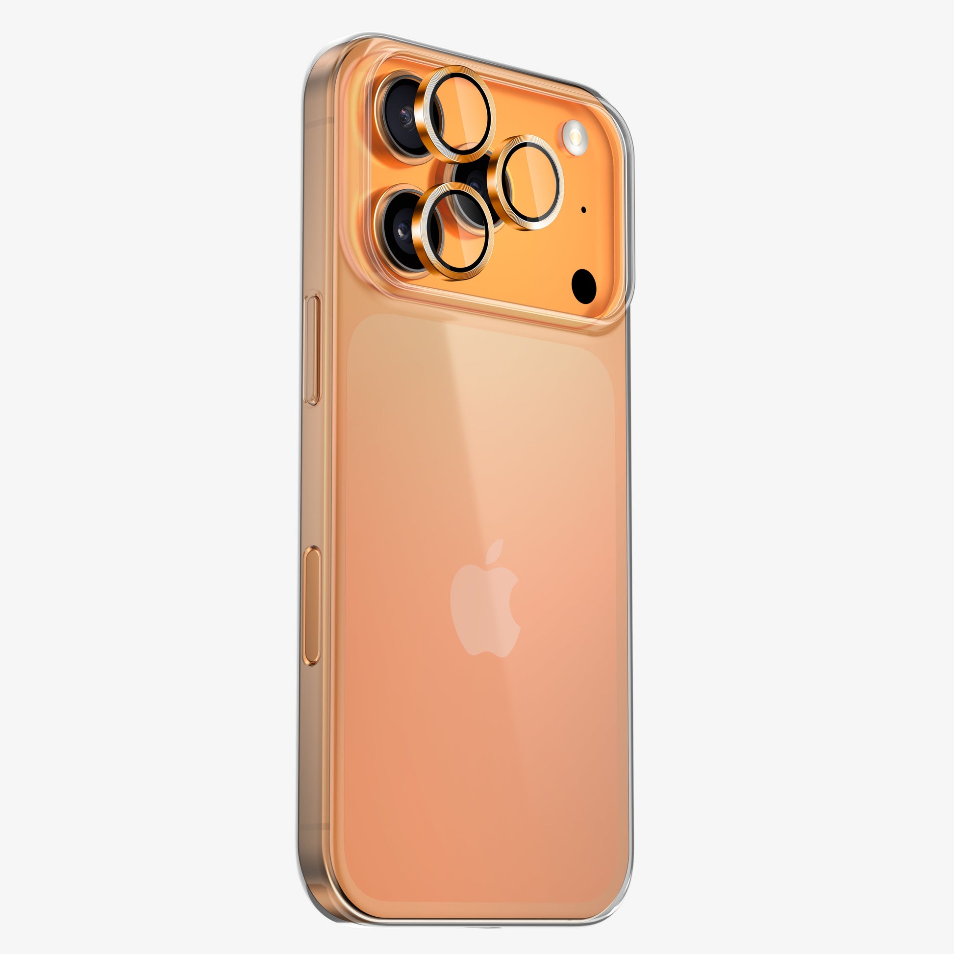 Protection caméra orange posée sur un iPhone orange, contour en aluminium anodisé autour de chaque objectif