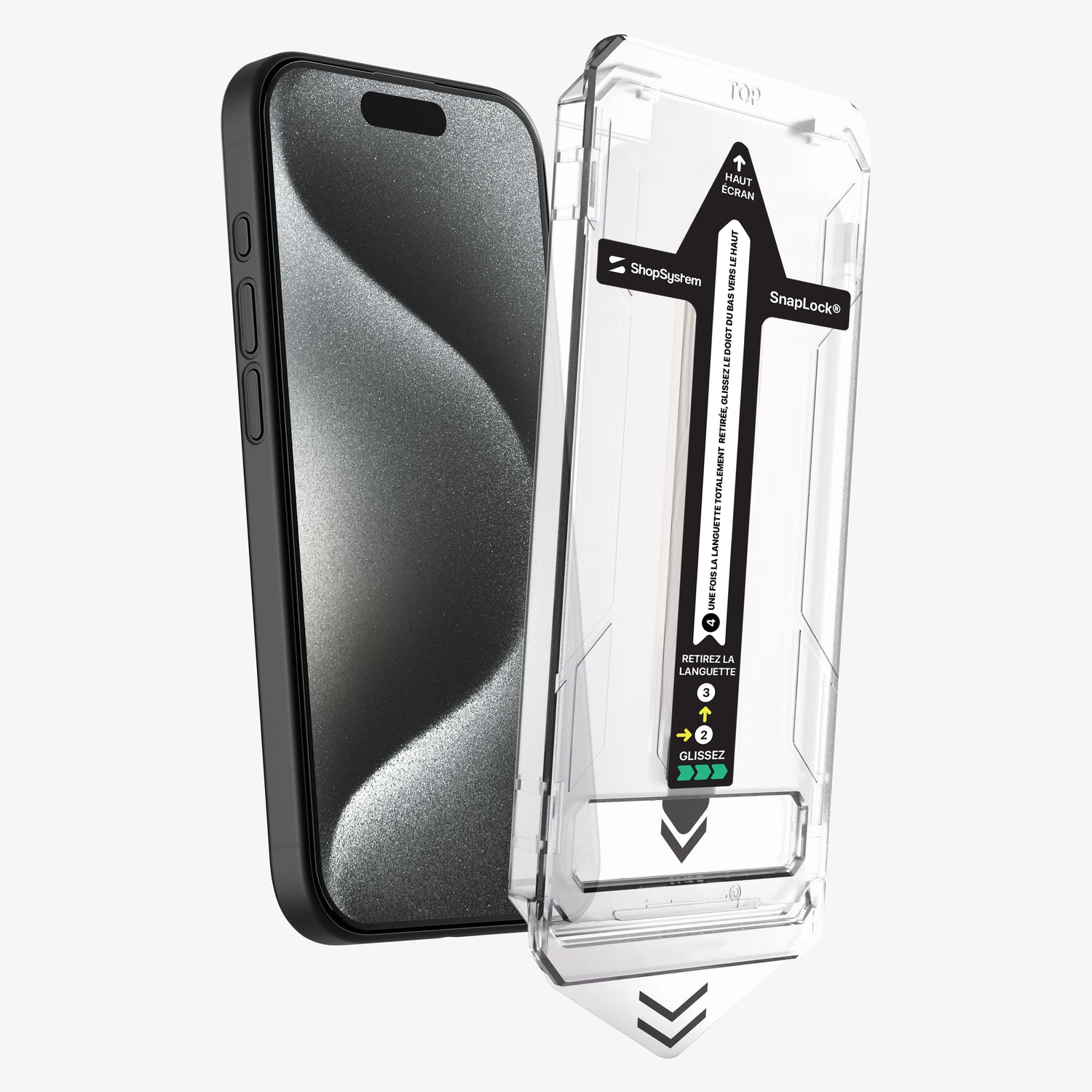 Téléphone et applicateur SnapLock® côte à côte, languette et flèches d'alignement visibles