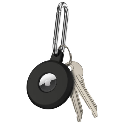 Coque AirTag en silicone avec mousqueton en acier inoxydable, attachée à des clés