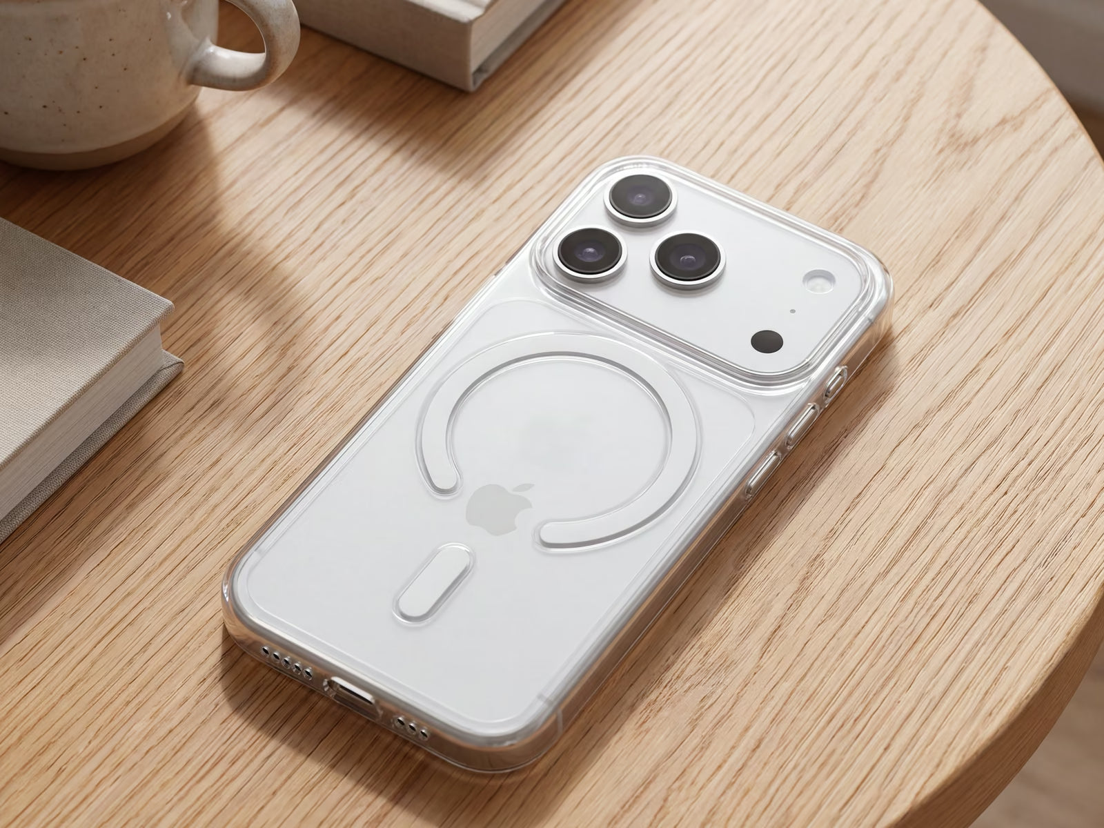 iPhone dans une coque PHANTOM S transparente MagSafe posé sur une table en bois