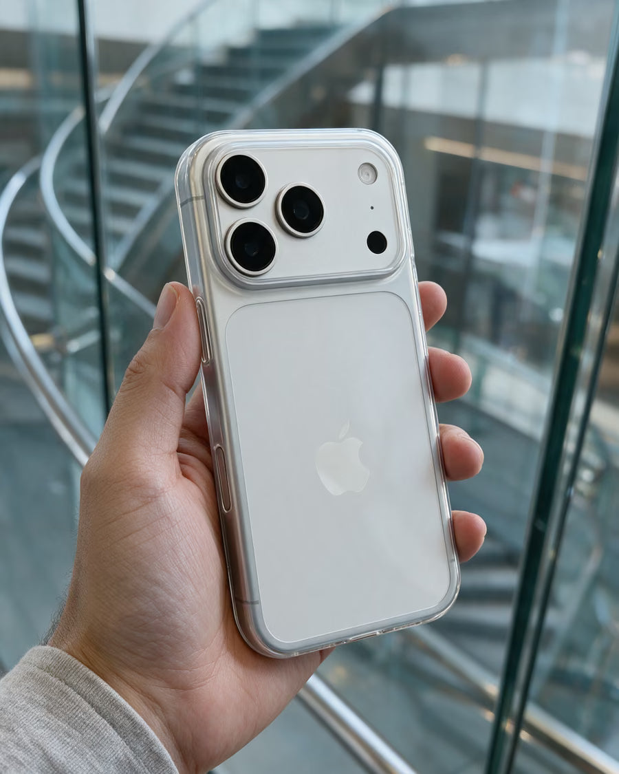 Une main tient un iPhone dans une coque PHANTOM transparente dans un hall vitré
